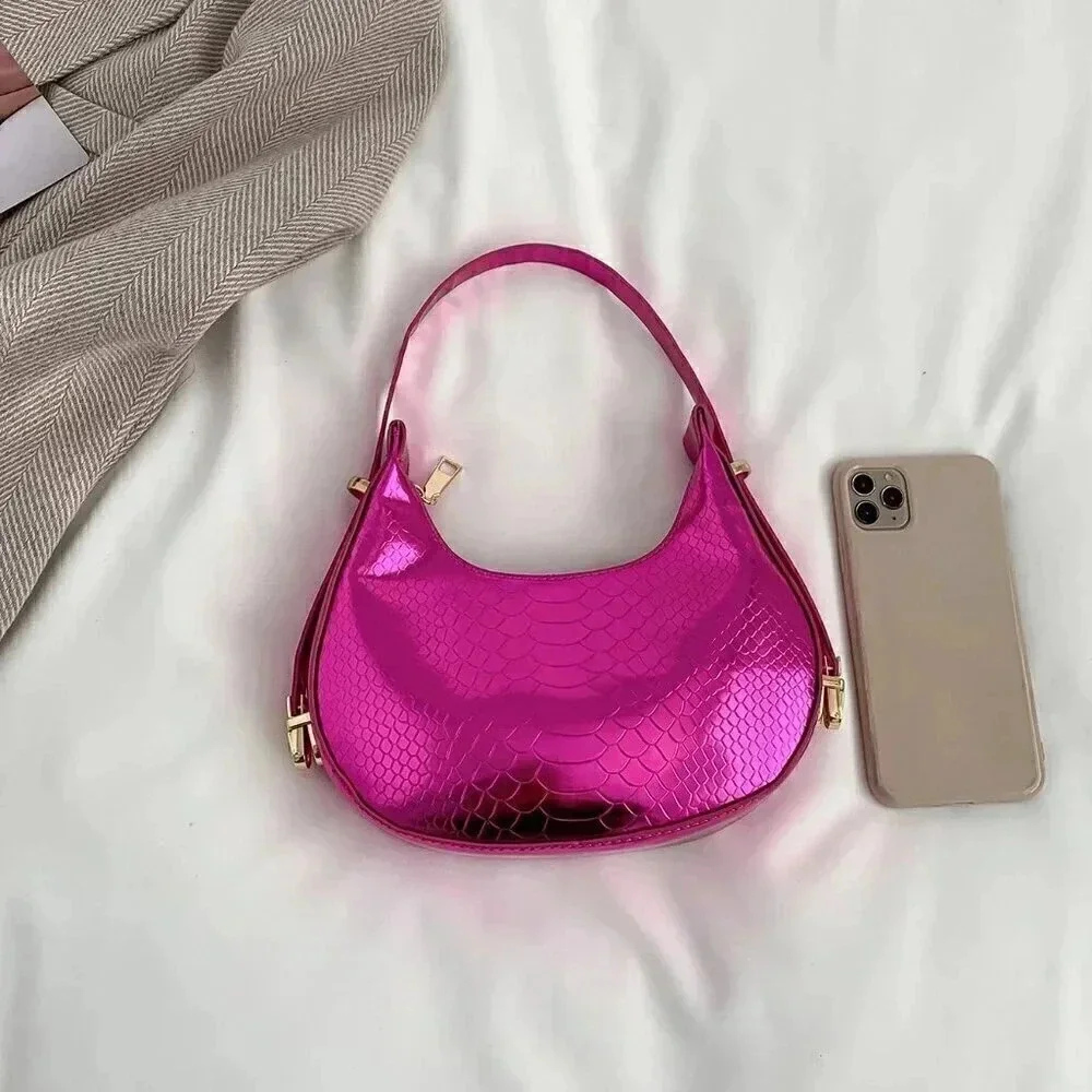 Hot Pink Elegant Women's Metallic Snakeskin Embossed Hobo Bag